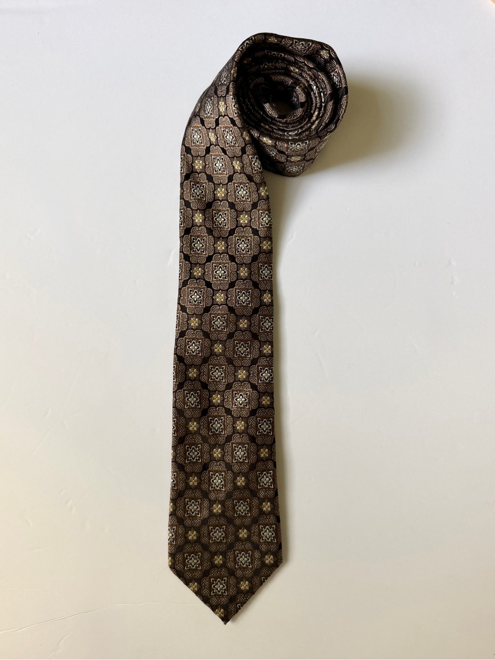 Pronto Uomo Platinum 100% Silk Brown Geometric Woven Tie